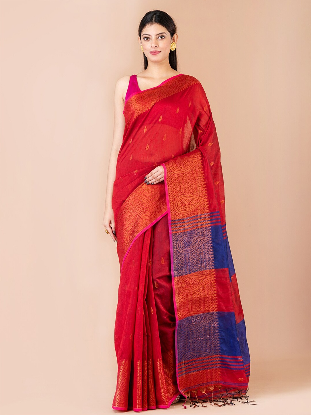 

Laa Calcutta Ethnic Motifs Woven Design Zari Silk Cotton Saree, Maroon