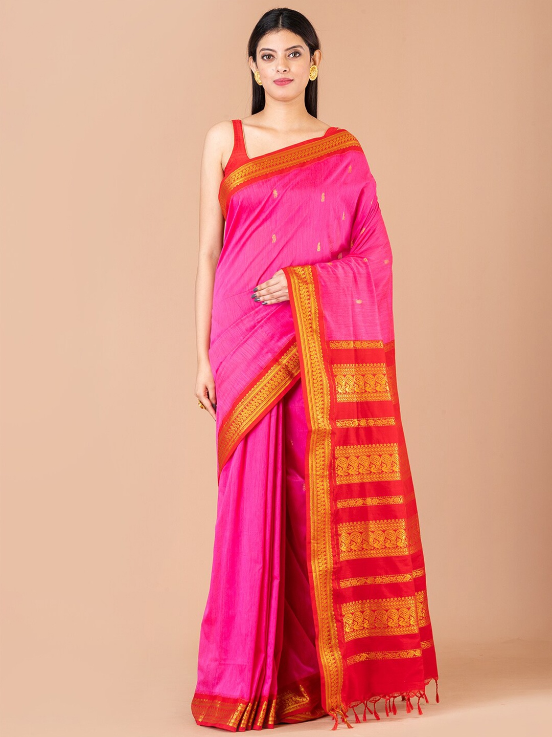 

Laa Calcutta Ethnic Motifs Woven Design Zari Gadwal Saree, Pink