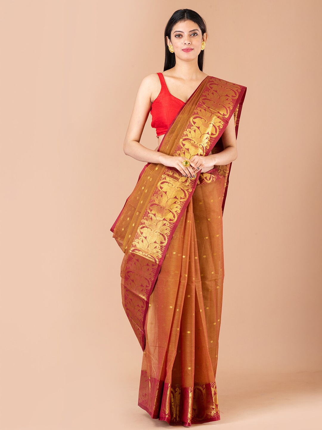 

Laa Calcutta Ethnic Motifs Woven Design Zari Pure Cotton Taant Saree, Brown