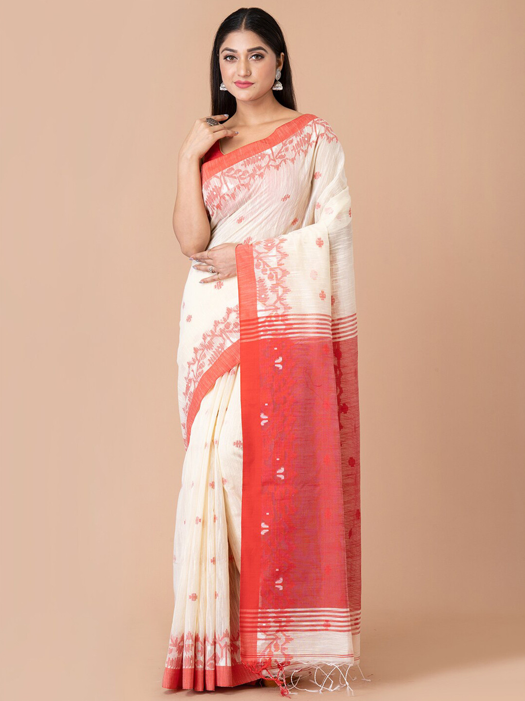 

Laa Calcutta Ethnic Motifs Woven Design Silk Cotton Saree, Off white