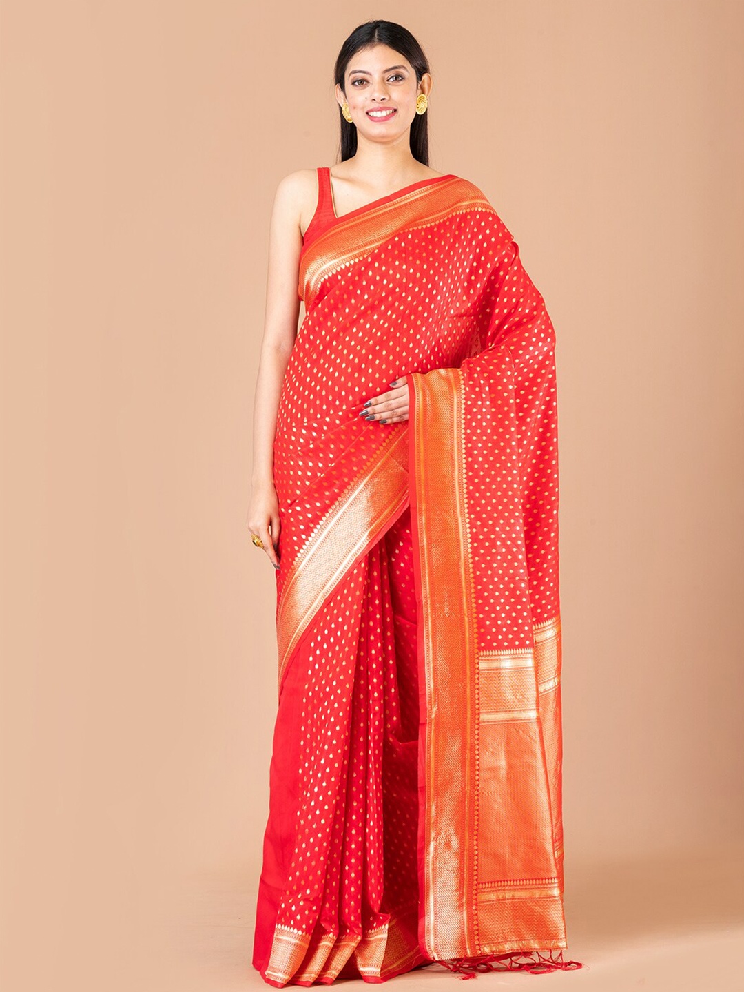 

Laa Calcutta Ethnic Motifs Woven Design Zari Art Silk Banarasi Saree, Red
