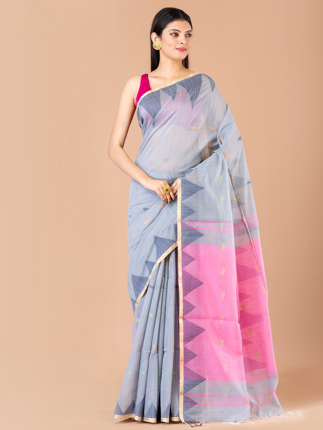 

Laa Calcutta Ethnic Motifs Printed Zari Saree, Grey