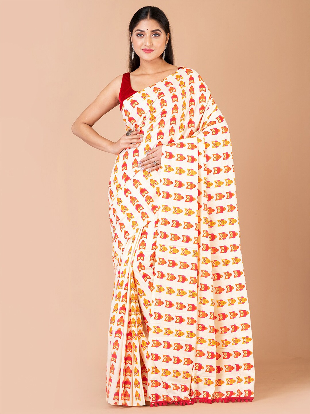 

Laa Calcutta Off White & Red Pure Cotton Saree