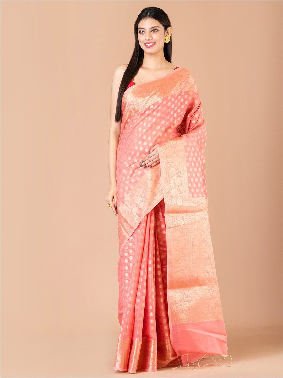 

Laa Calcutta Ethnic Motifs Woven Design Zari Art Silk Banarasi Saree, Rose gold