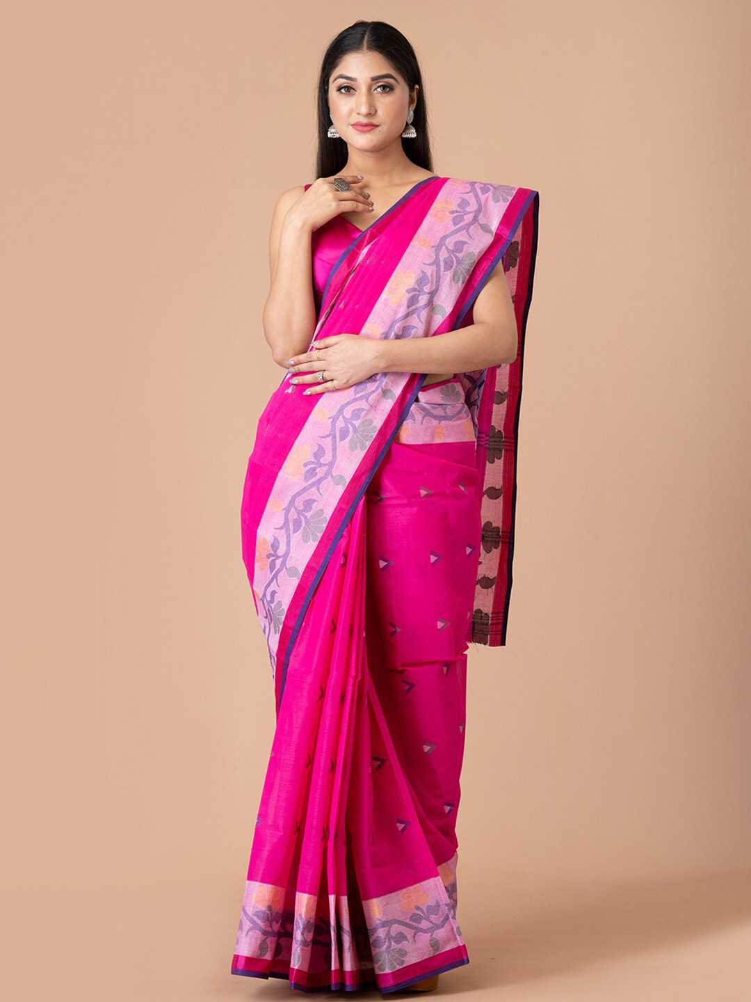 

Laa Calcutta Ethnic Motifs Woven Design Pure Cotton Taant Saree, Pink