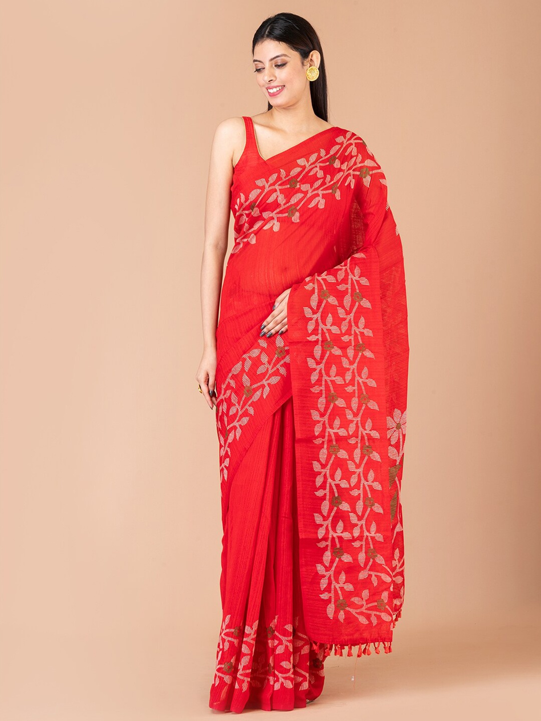 

Laa Calcutta Floral Printed Art Silk Banarasi Saree, Red