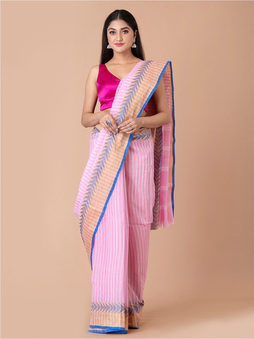 

Laa Calcutta Striped Pure Cotton Taant Saree, Pink