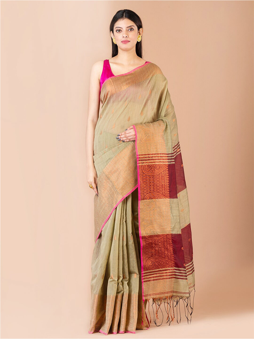 

Laa Calcutta Ethnic Woven Design Zari Silk Cotton Saree, Cream