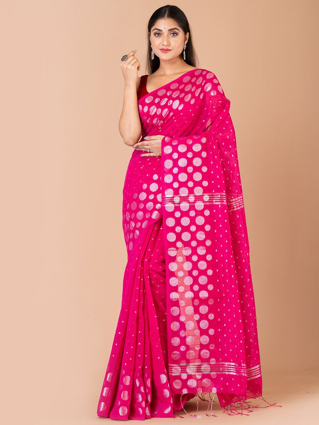 

Laa Calcutta Polka Dot Woven Design Saree, Pink