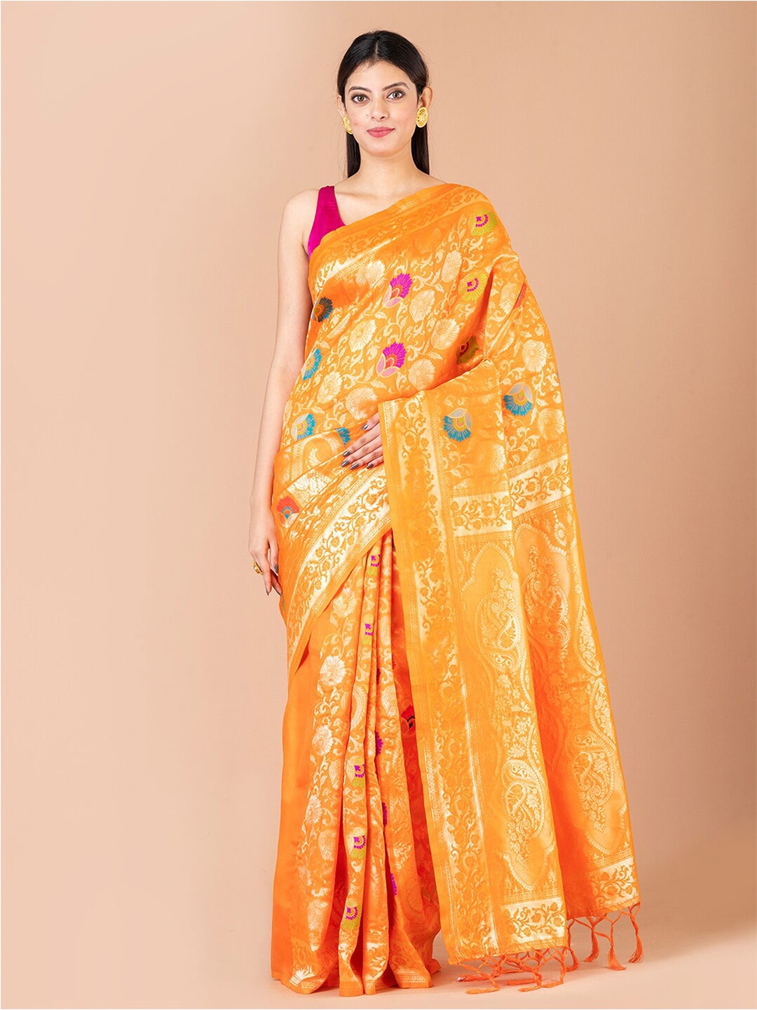 

Laa Calcutta Floral Woven Design Zari Banarasi Saree, Orange