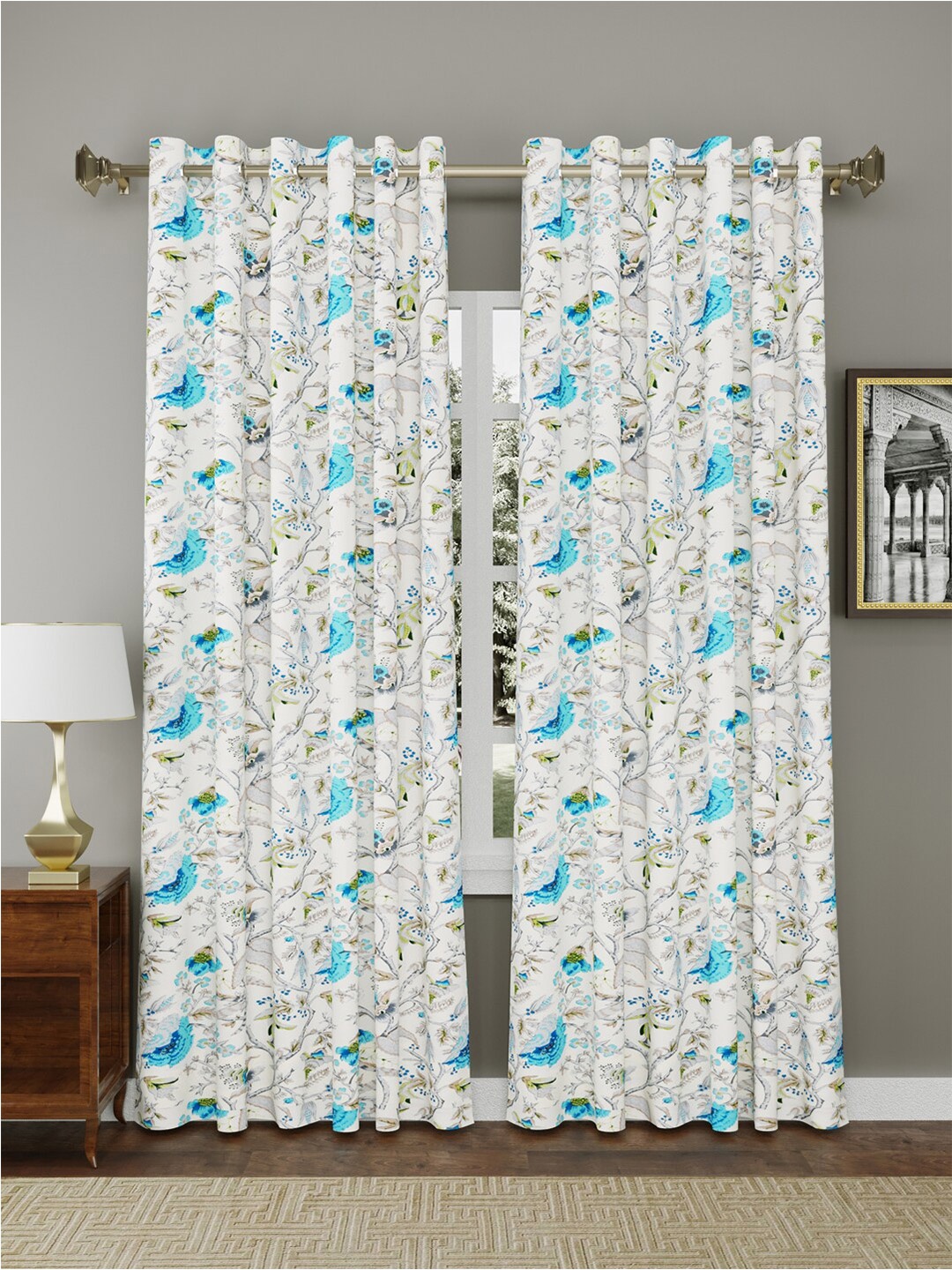 

RAASO White & Turquoise Blue 2 Pieces Floral Cotton Room Darkening Window Curtain