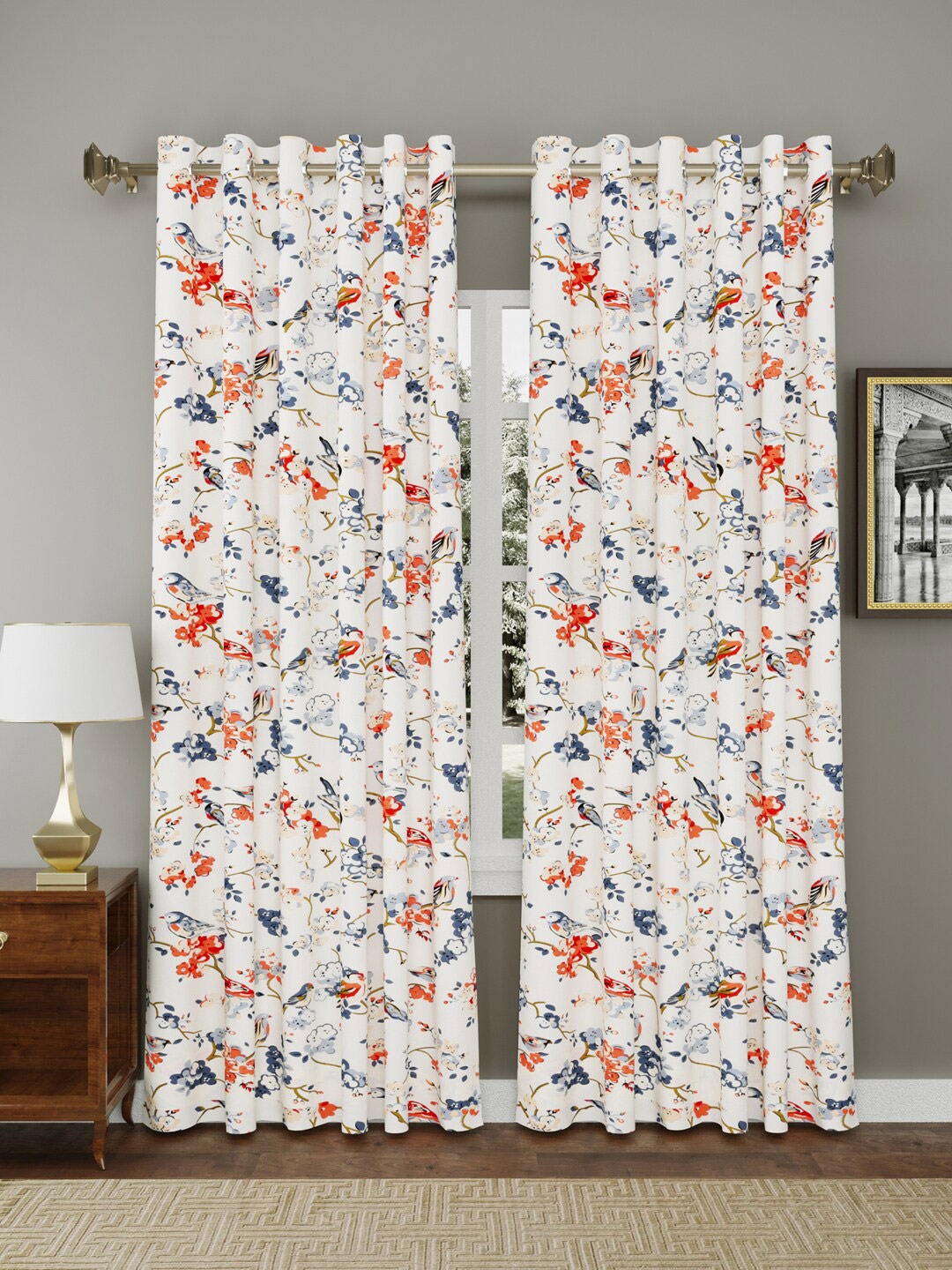 

RAASO White & Blue 2 Pieces Floral Cotton Room Darkening Long Door Curtain