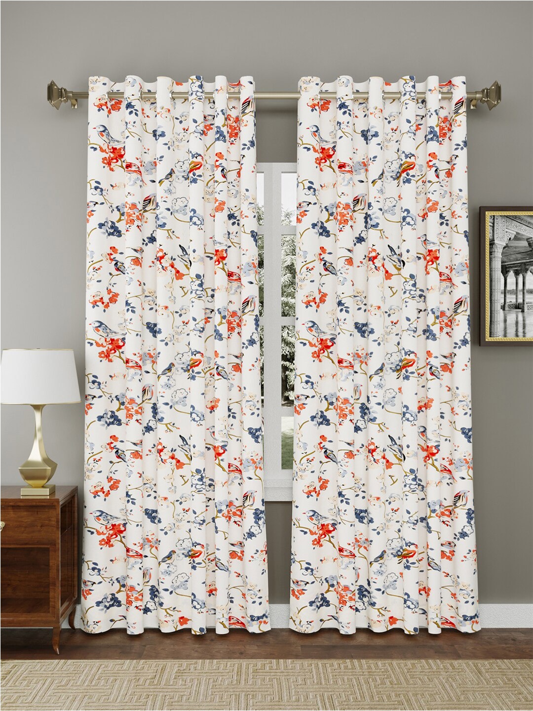 

RAASO Blue & White 2 Pieces Floral Cotton Room Darkening Window Curtain