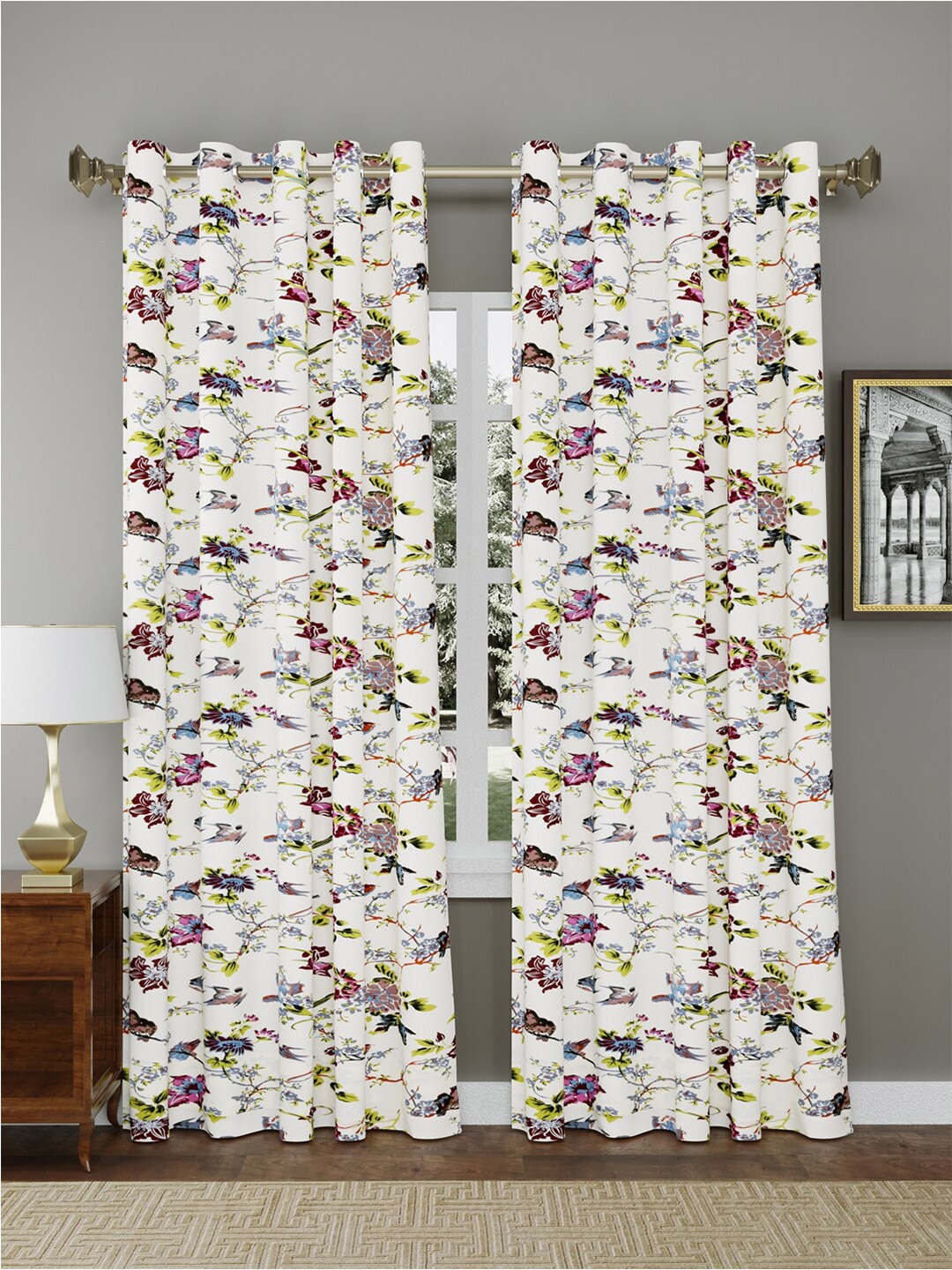 

RAASO White & Purple 2 Pieces Floral Cotton Room Darkening Door Curtain