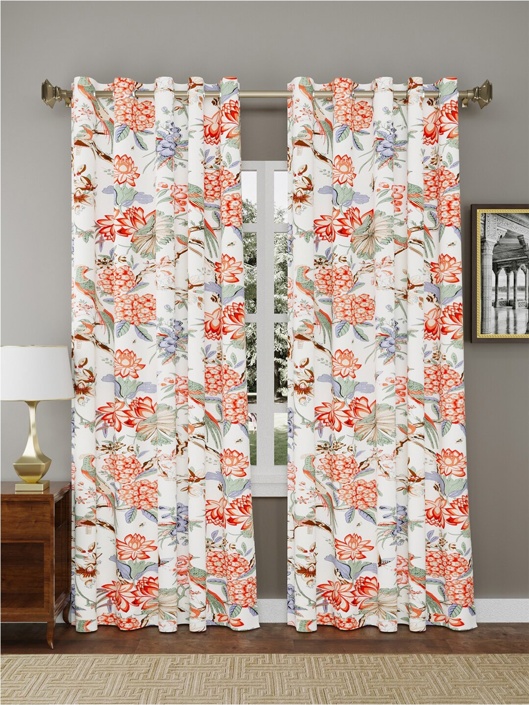 

RAASO Red & White 2 Pieces Floral Room Darkening Door Curtain