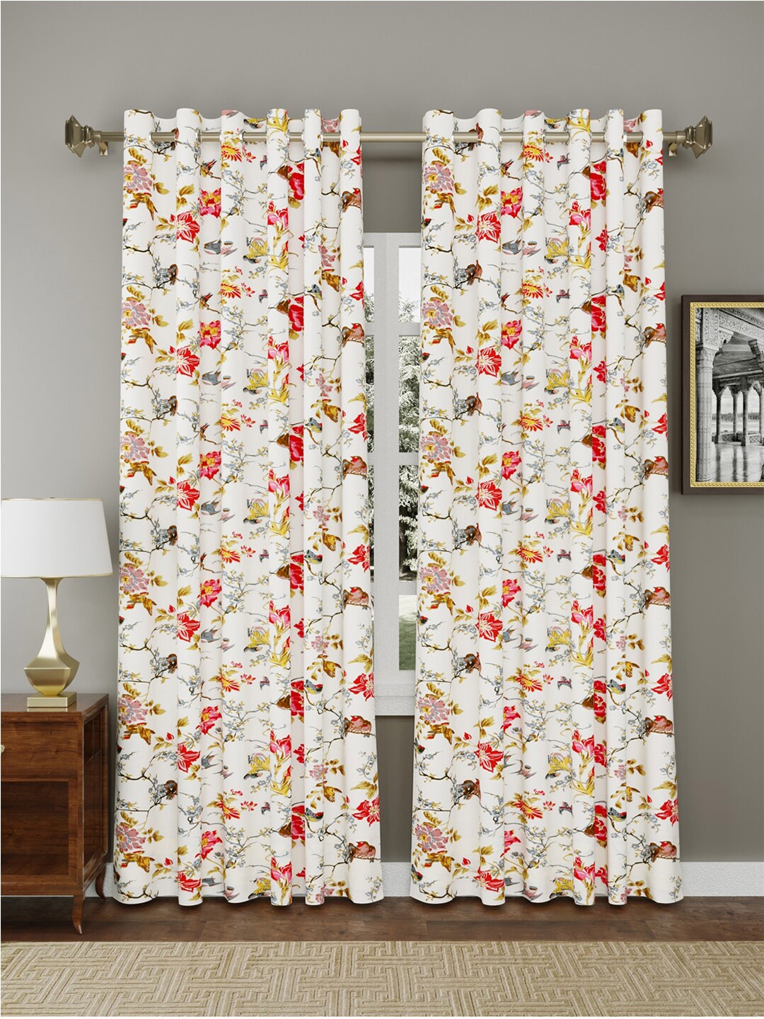

RAASO White & Blue 2 Pieces Floral Cotton Room Darkening Window Curtain