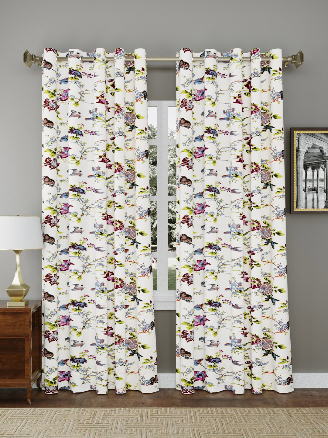 

RAASO White & Green 2 Pieces Floral Room Darkening Window Curtain