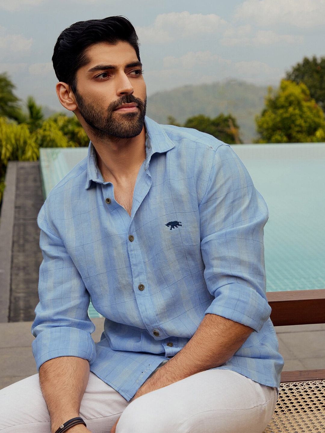 

Andamen Premium Checked Linen Casual Shirt, Blue