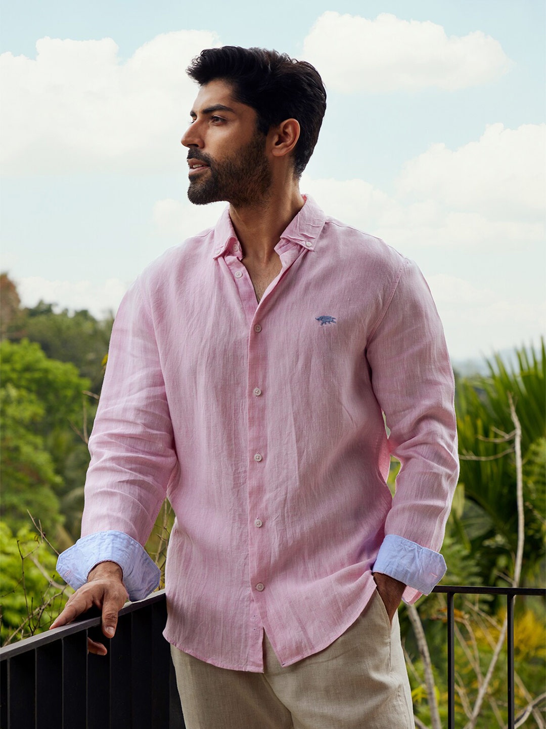 

Andamen Premium Button Down Collar Linen Casual Shirt, Pink