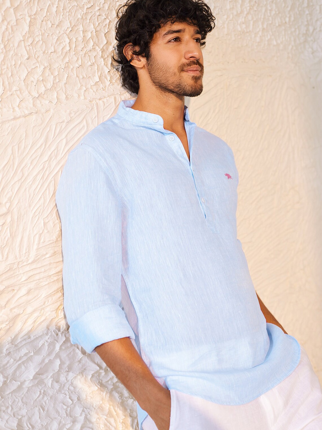 

Andamen Mandarin Collar Long Sleeves Premium Fit Linen Casual Shirt, Blue