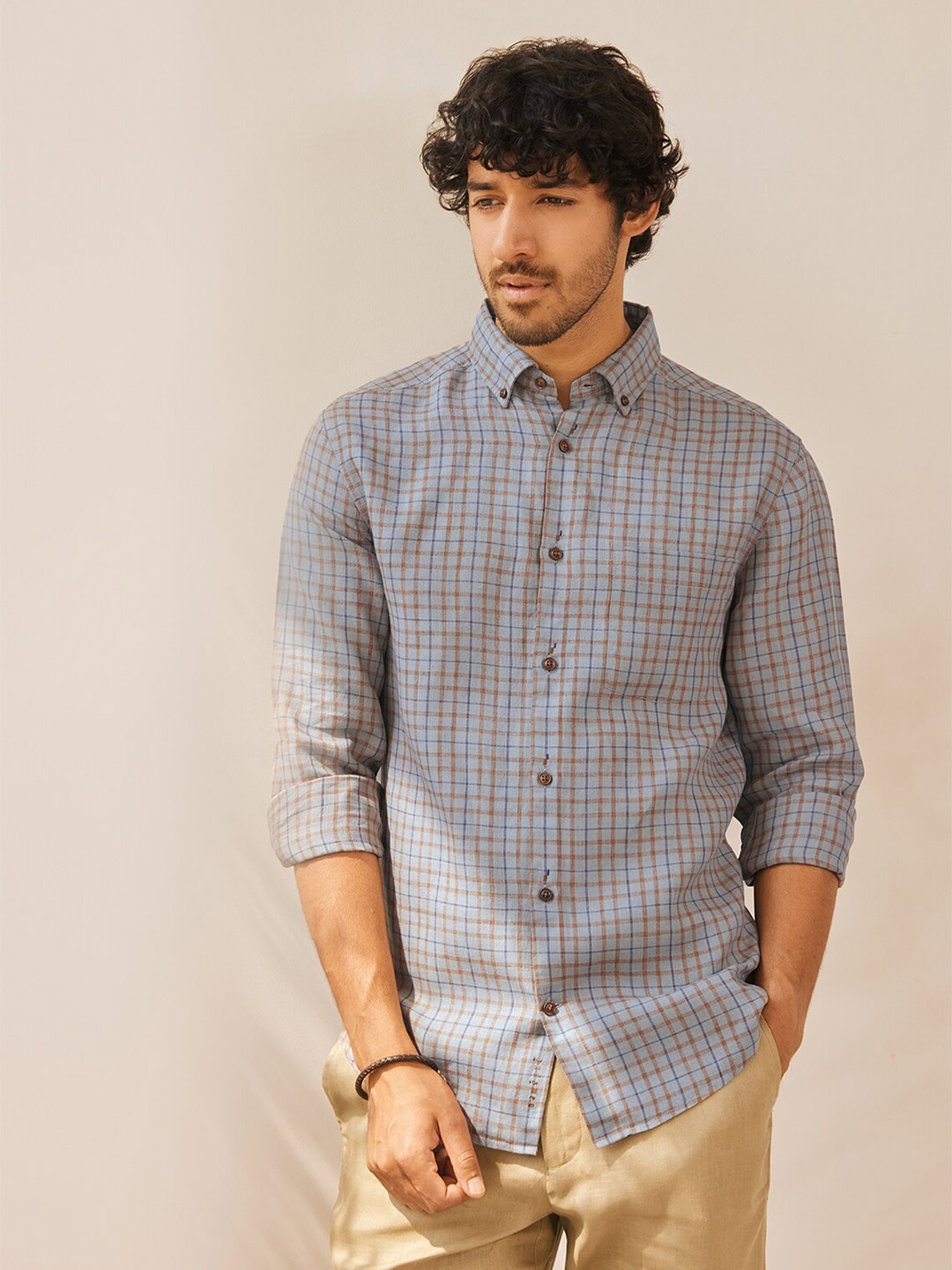 

Andamen Checked Button-Down Collar Premium Slim Fit Linen Casual Shirt, Grey