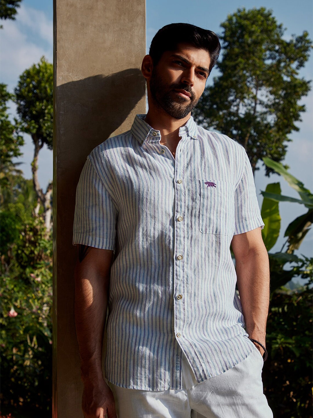 

Andamen Premium Fit Striped Button-Down Collar Opaque Casual Linen Shirt, Violet