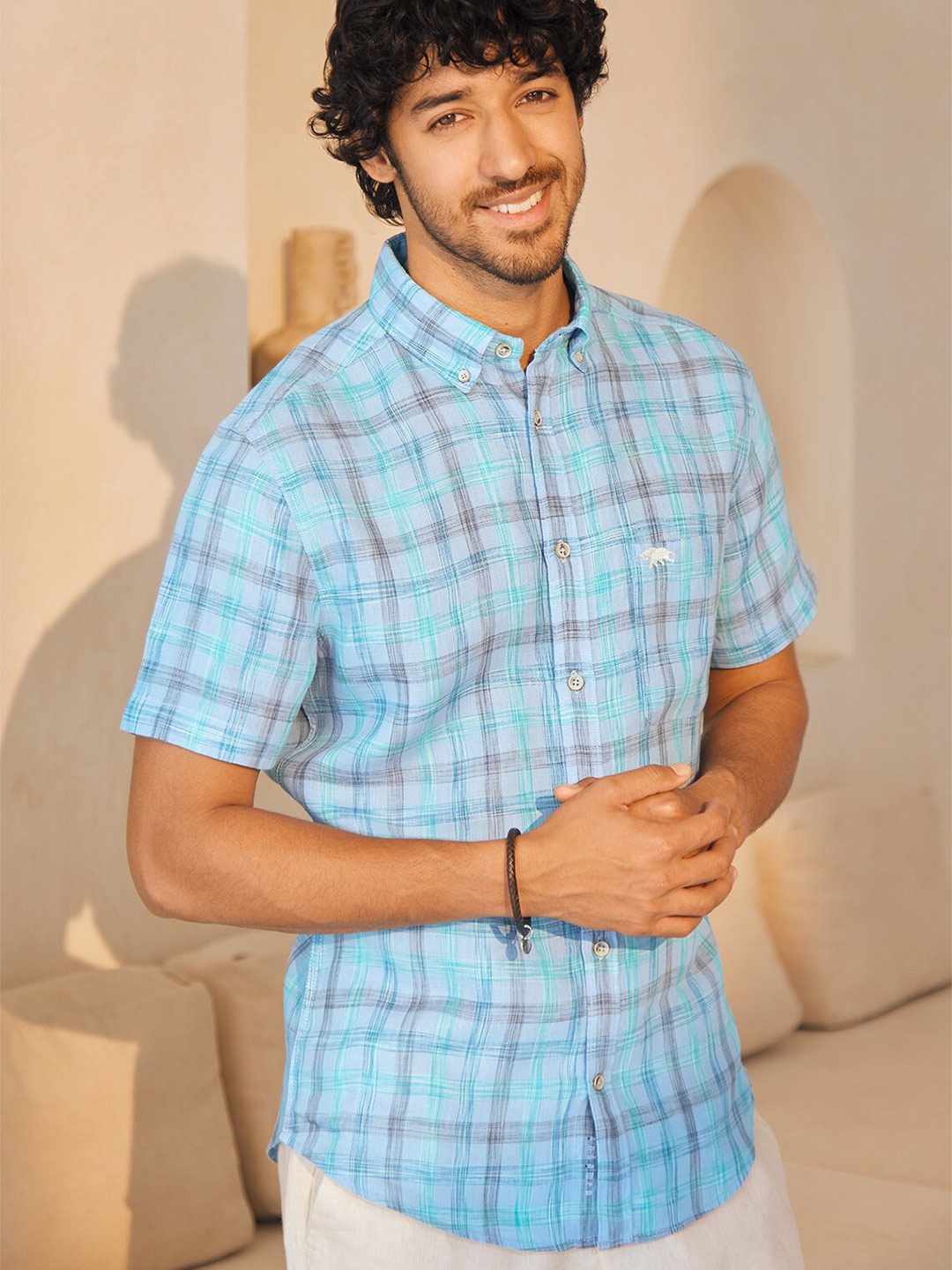 

Andamen Checked Spread Collar Long Sleeves Premium Linen Casual Shirt, Blue