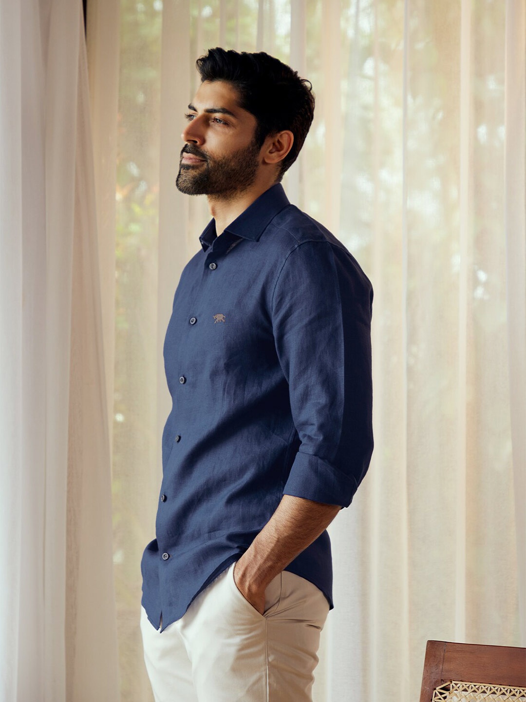 

Andamen Premium Fit Button-Down Collar Opaque Casual Linen Shirt, Blue