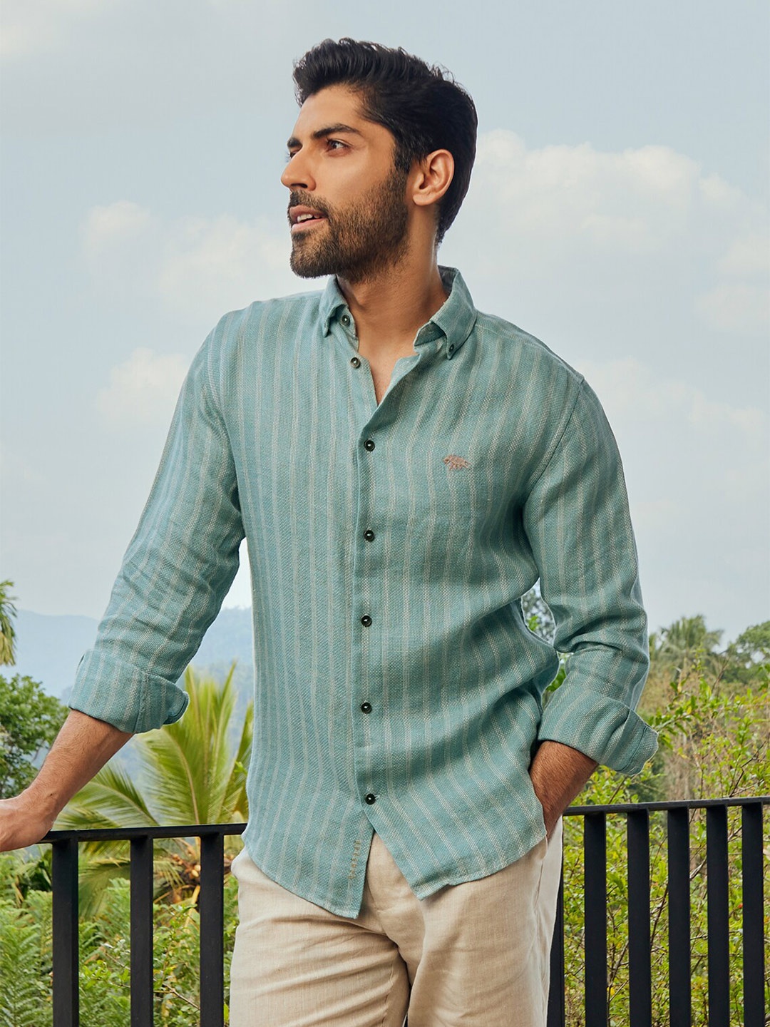 

Andamen Striped Spread Collar Long Sleeves Premium Slim Fit Linen Casual Shirt, Teal