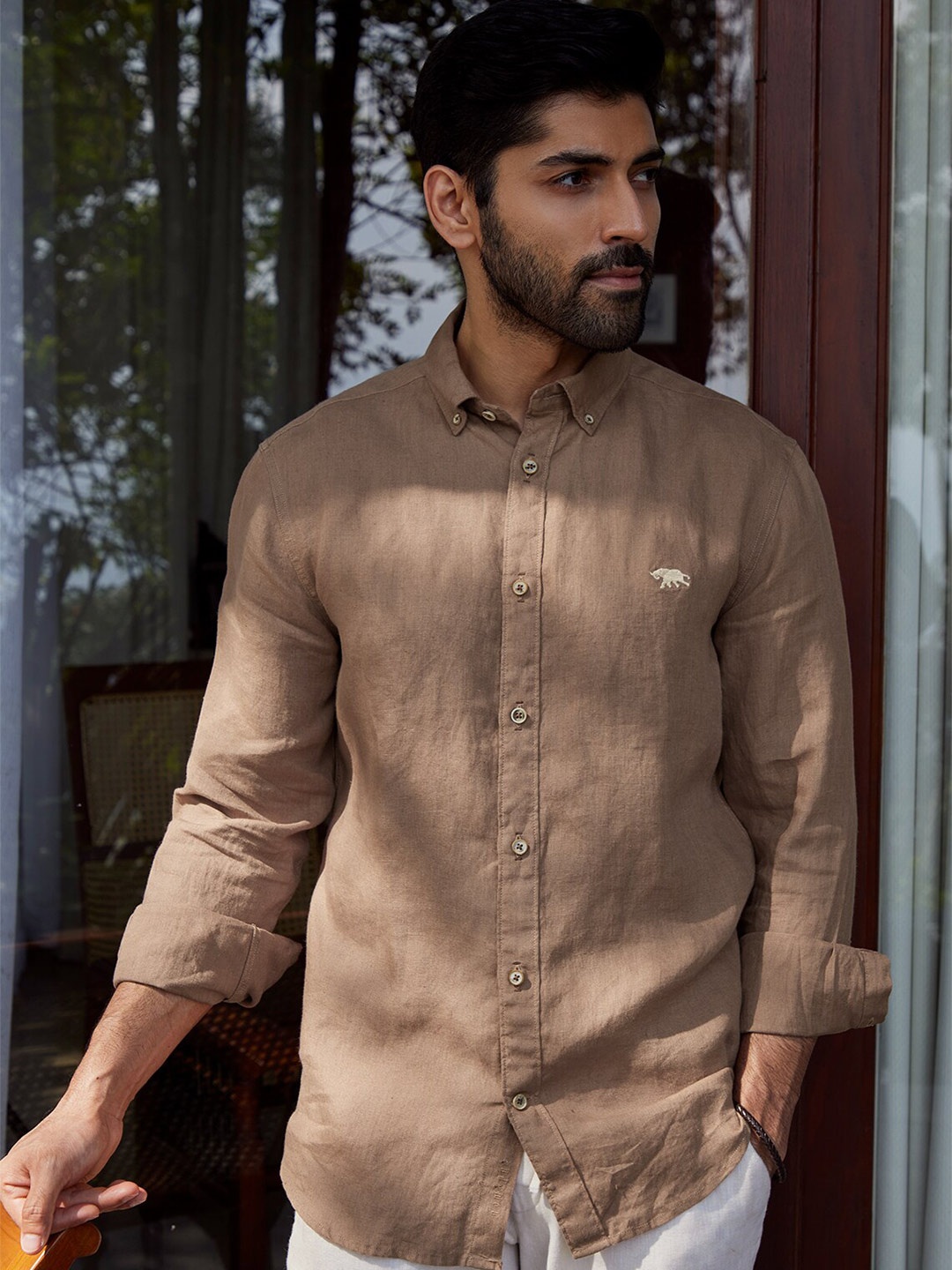 

Andamen Premium Button-Down Collar Linen Casual Shirt, Brown