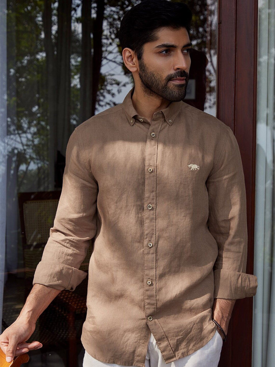 

Andamen Premium Fit Button-Down Collar Opaque Casual Linen Shirt, Khaki