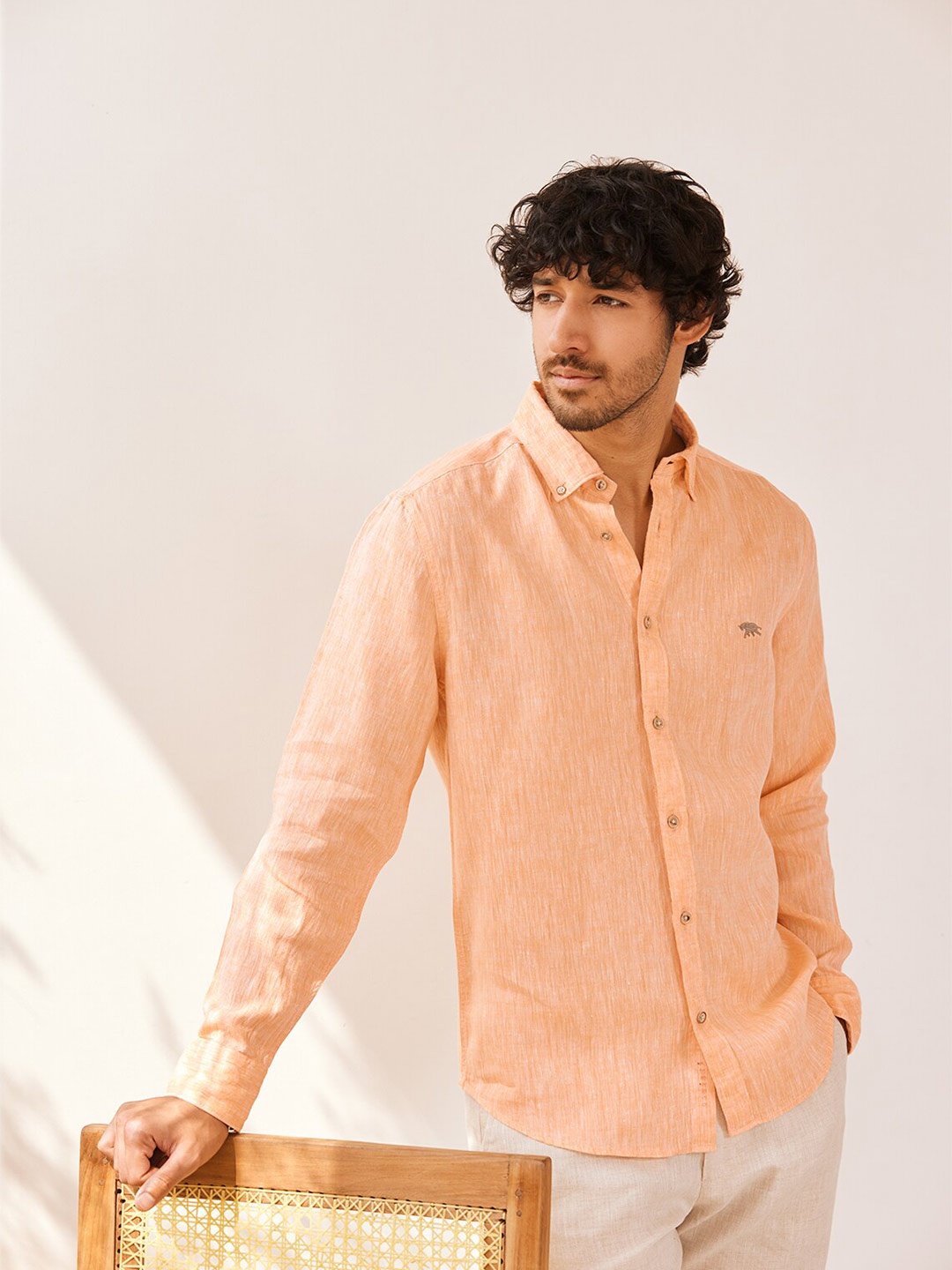

Andamen Long Sleeves Button-Down Collar Premium Fit Linen Casual Shirt, Orange