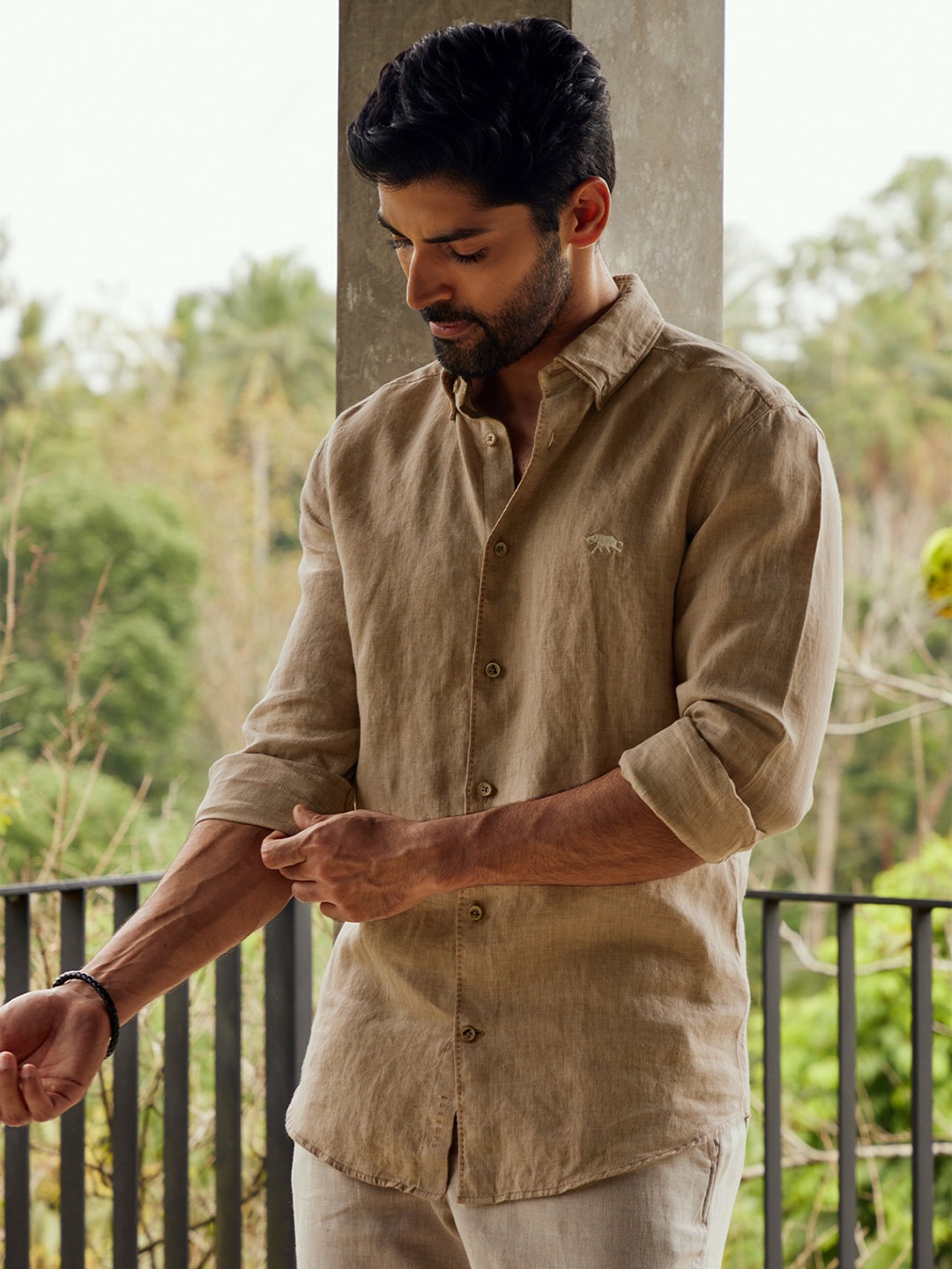 

Andamen Premium Button-Down Collar Linen Casual Shirt, Brown