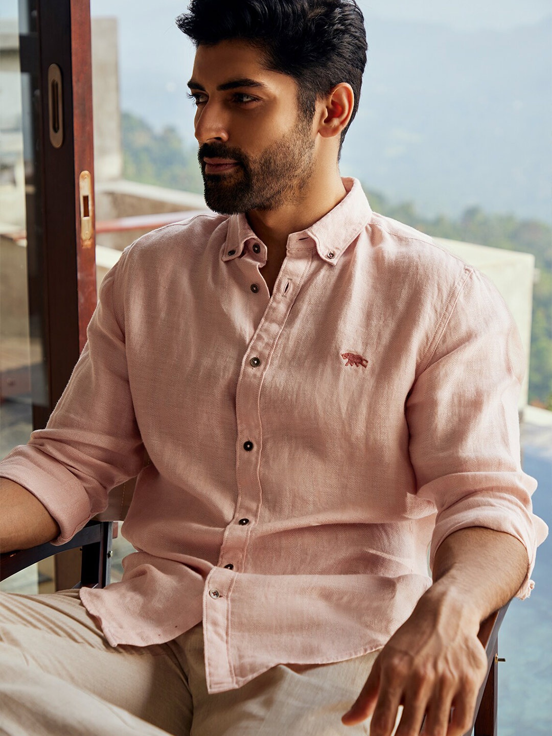 

Andamen Premium Button Down Collar Linen Casual Shirt, Peach