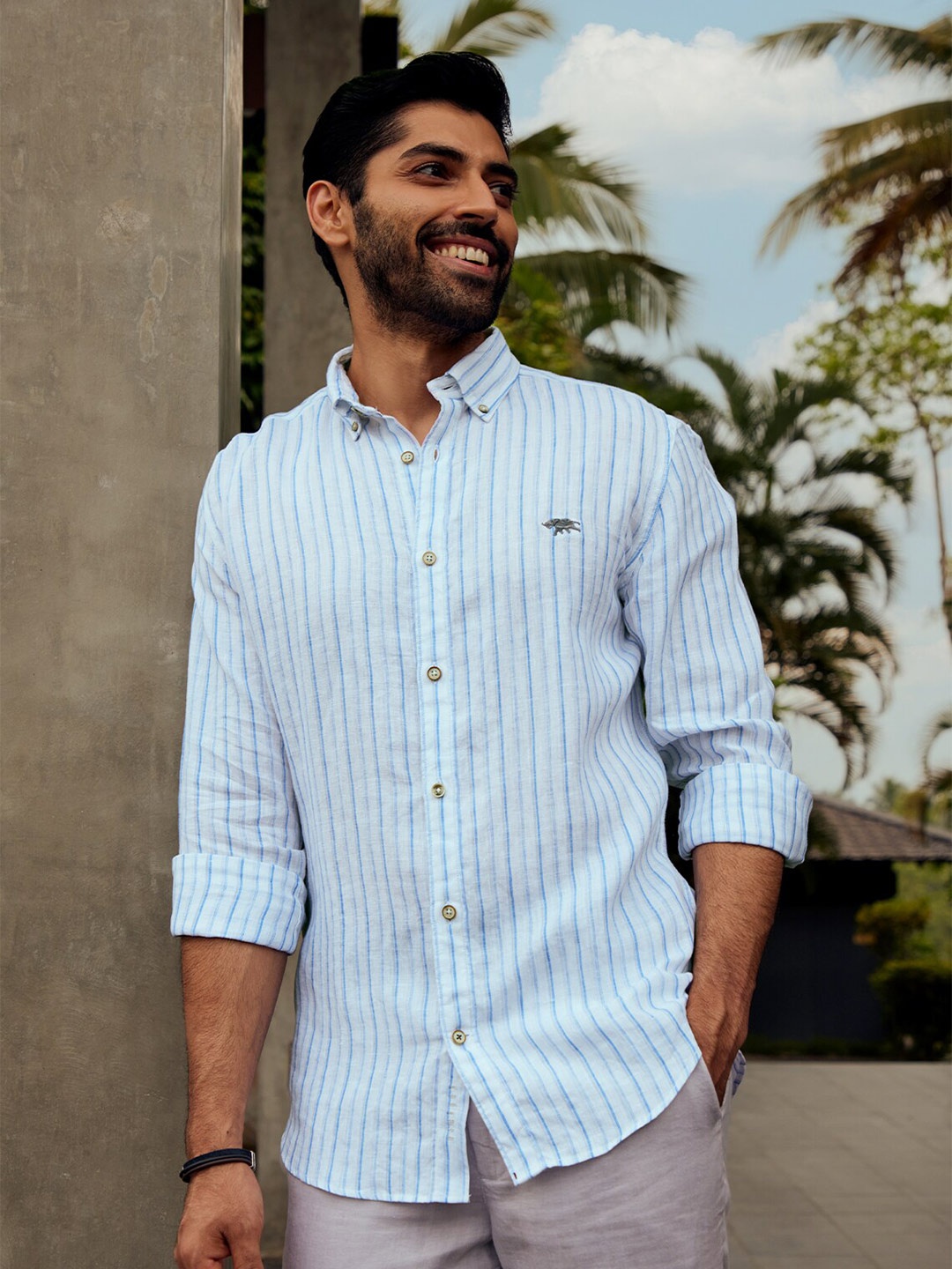 

Andamen Premium Vertical Striped Button Down Collar Linen Casual Shirt, Blue