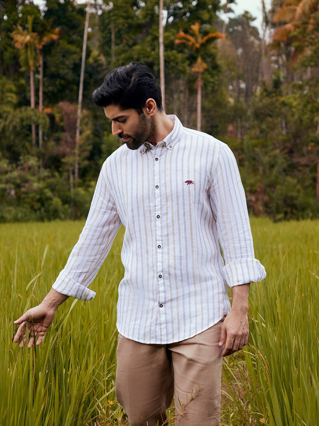 

Andamen Striped Spread Collar Long Sleeves Premium Casual Linen Shirt, Off white