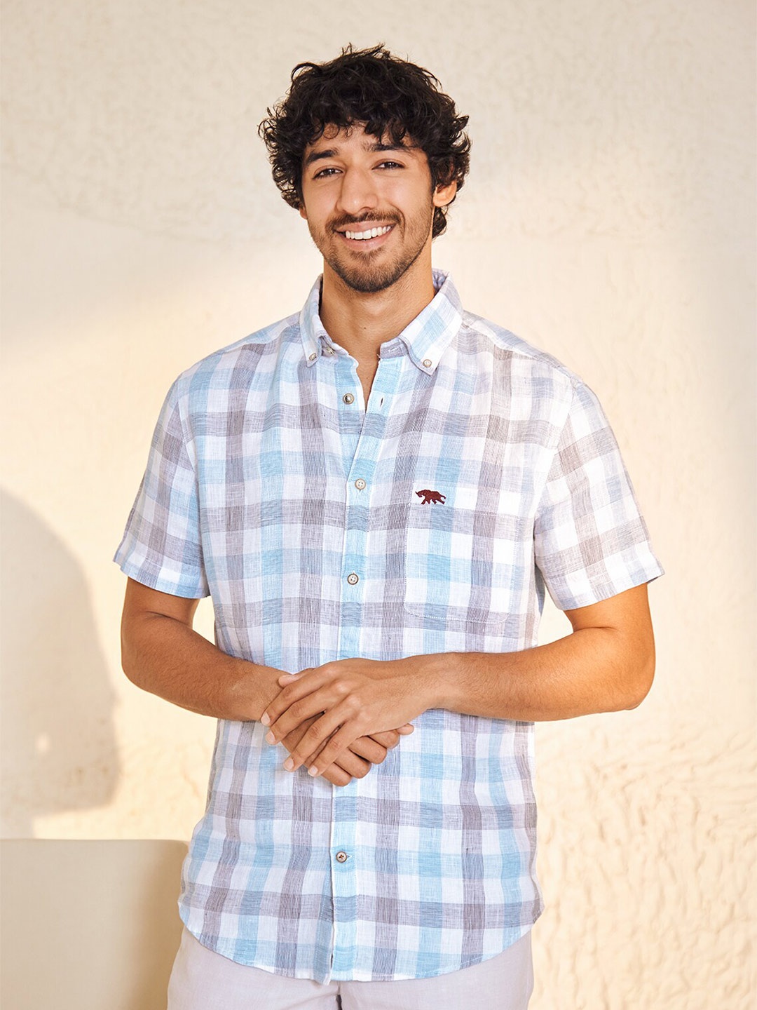 

Andamen Men Premium Gingham Checked Button-Down Collar Linen Casual Shirt, Blue