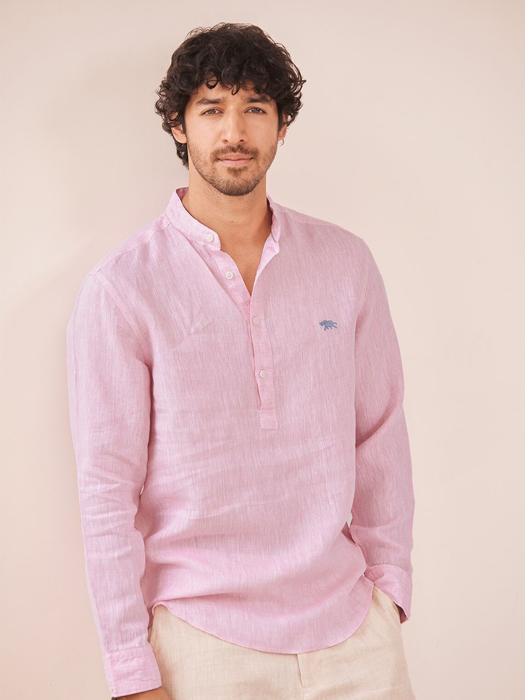 

Andamen Premium Mandarin Collar Linen Casual Shirt, Pink