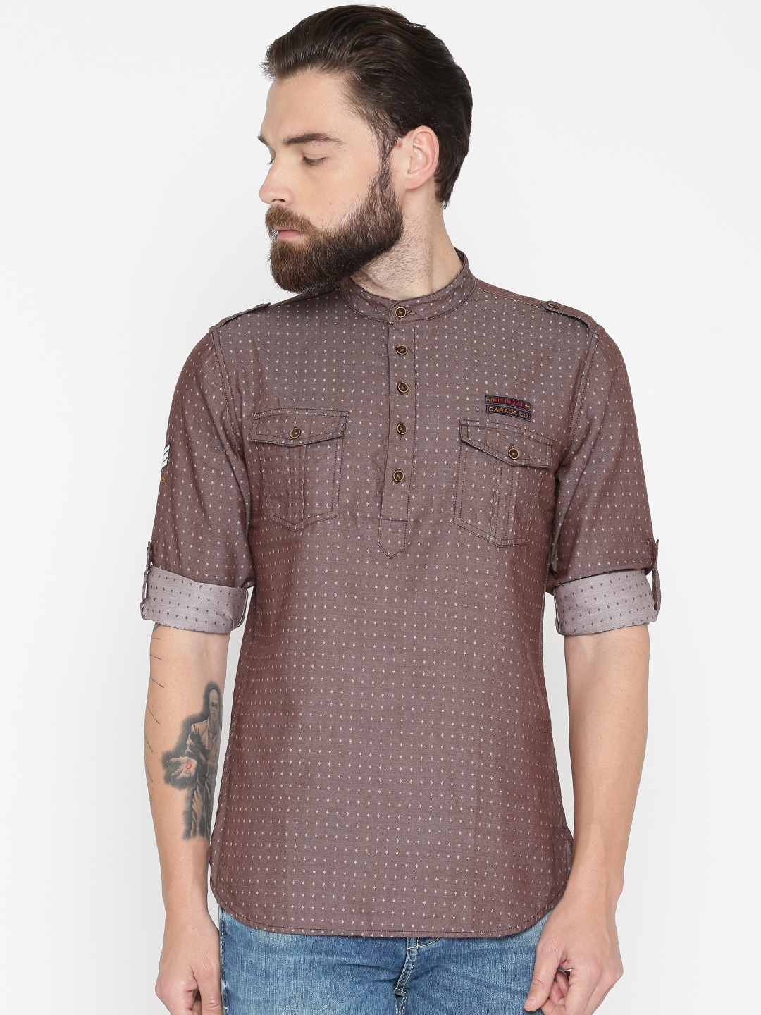 

The Indian Garage Co Men Brown Woven Design Straight Kurta