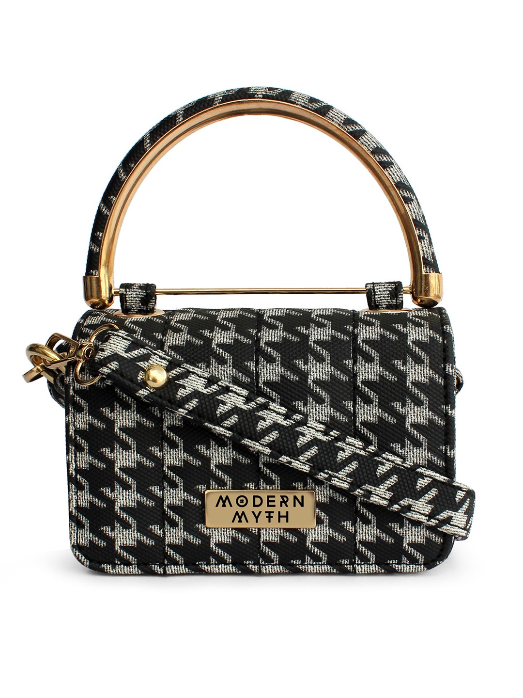 

MODERN MYTH Black Printed Oversized Structured Shoulder Bag with Quilted