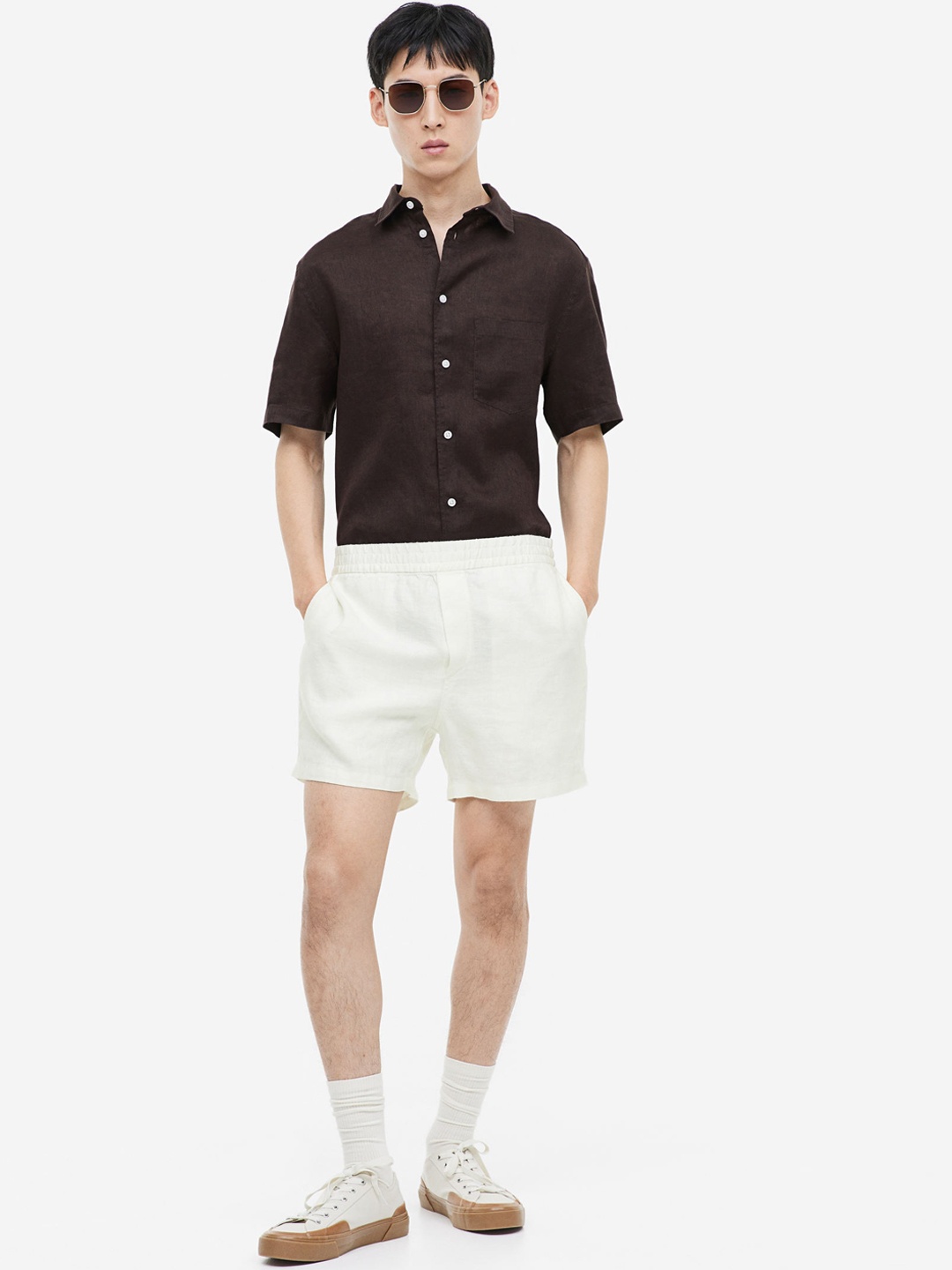 

H&M Men Regular Fit Linen Shorts, White