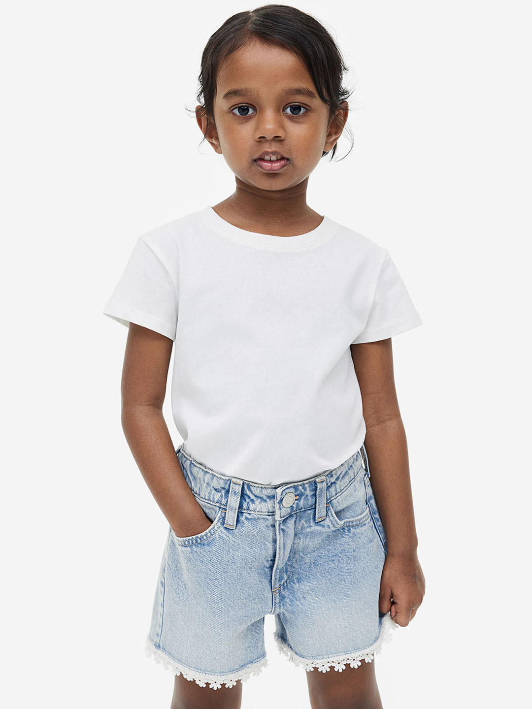 

H&M Girls Lace-Trimmed Pure Cotton Denim Shorts, Blue