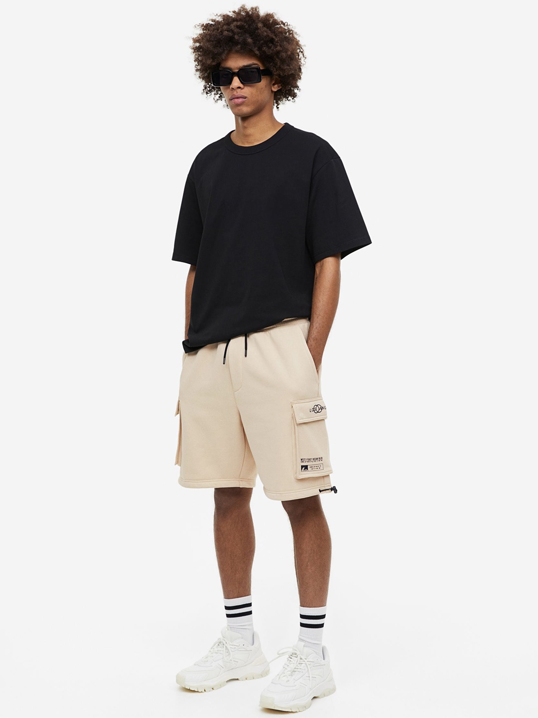 

H&M Men Relaxed Fit Printed Cargo Sweatshorts, Beige