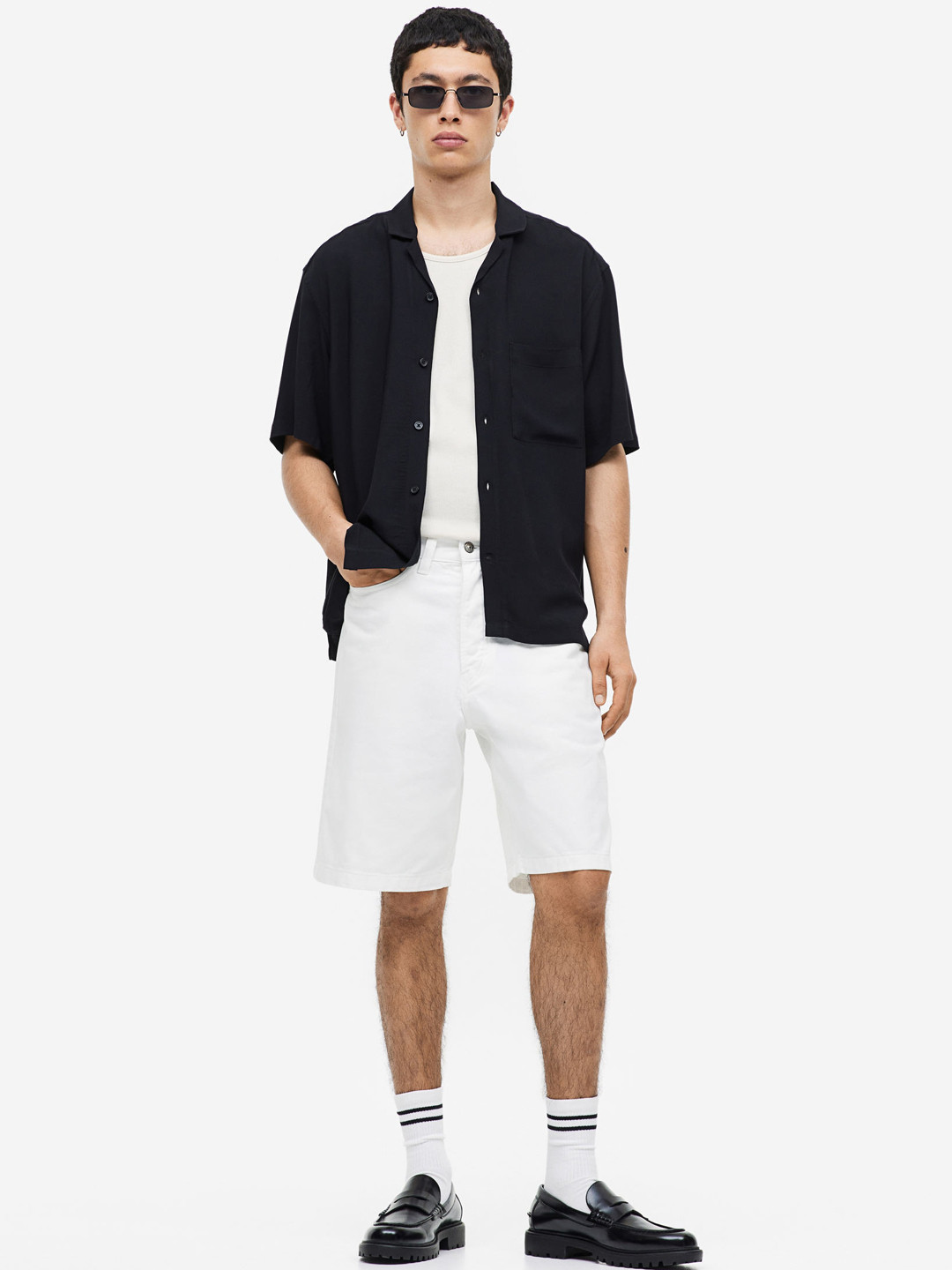 

H&M Men Cotton Loose Fit Twill Shorts, White