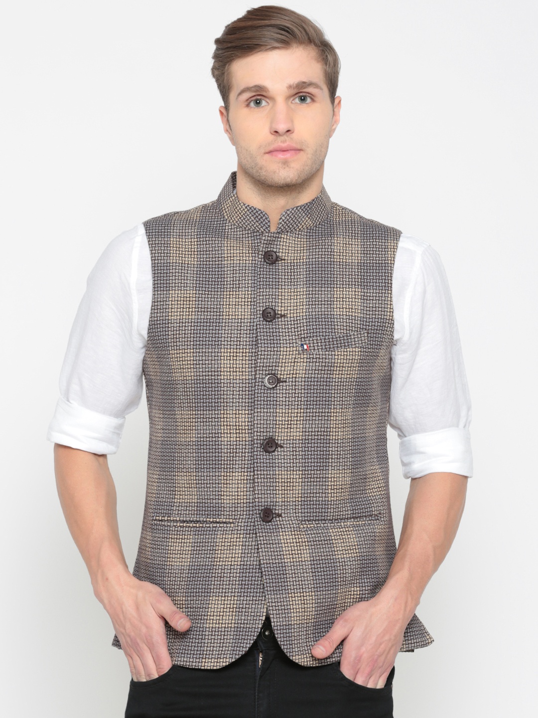 

The Indian Garage Co Brown & Beige Self Design Pure Cotton Nehru Jacket