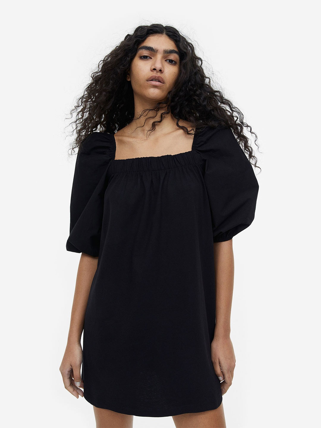 

H&M Puff-Sleeved Pure Cotton Dress, Black