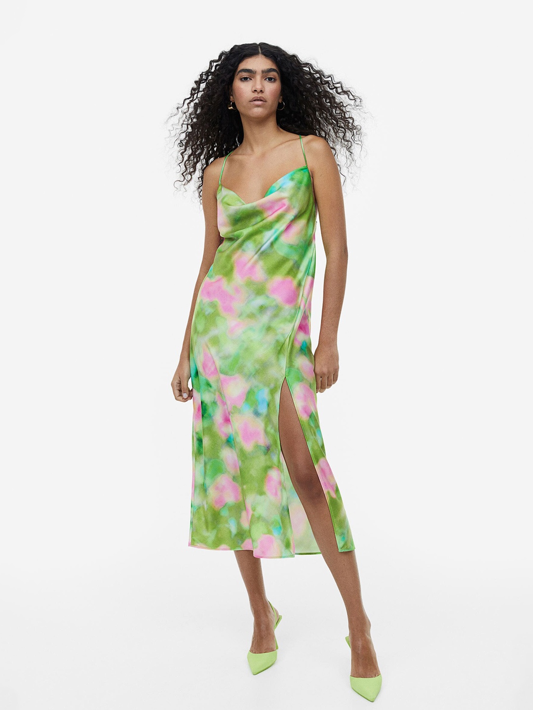 

H&M Cowl-Neck Satin Dress, Green