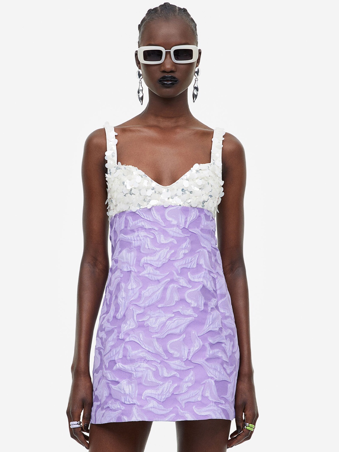 

H&M Embellished Jacquard-Weave Mini Dress, Purple