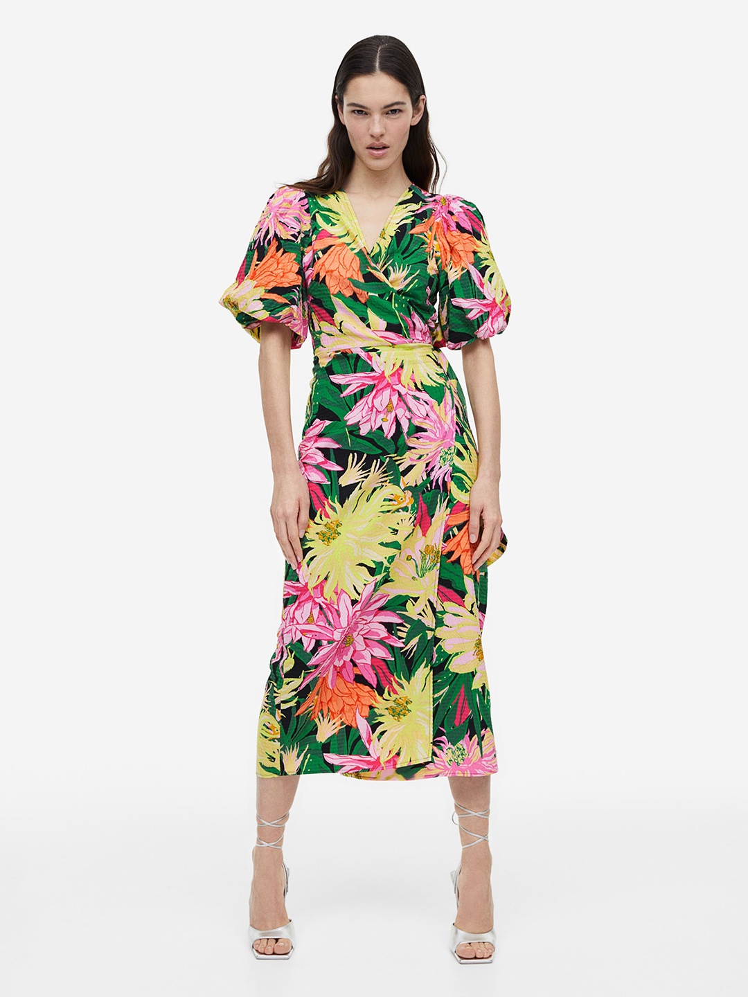 

H&M Puff-Sleeved Wrap Dress, Green