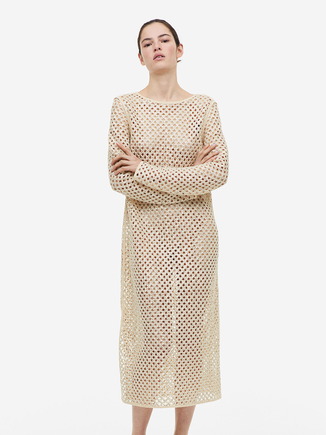 

H&M Sequined Hole-Knit Dress, Beige